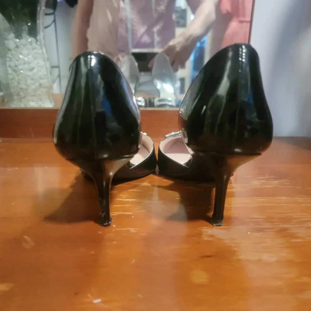 Michael Kors SHIRLEY Black Patent Leather D' Orsay Gem Buckle Heels Shoes FLAWS!